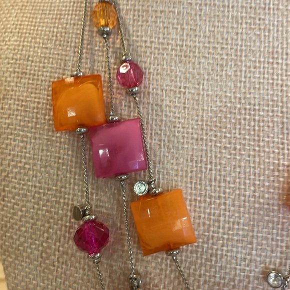 Necklace, Triple Strand, Beaded Necklace with Rhinestones and silver tone chain - Picture 2 of 3